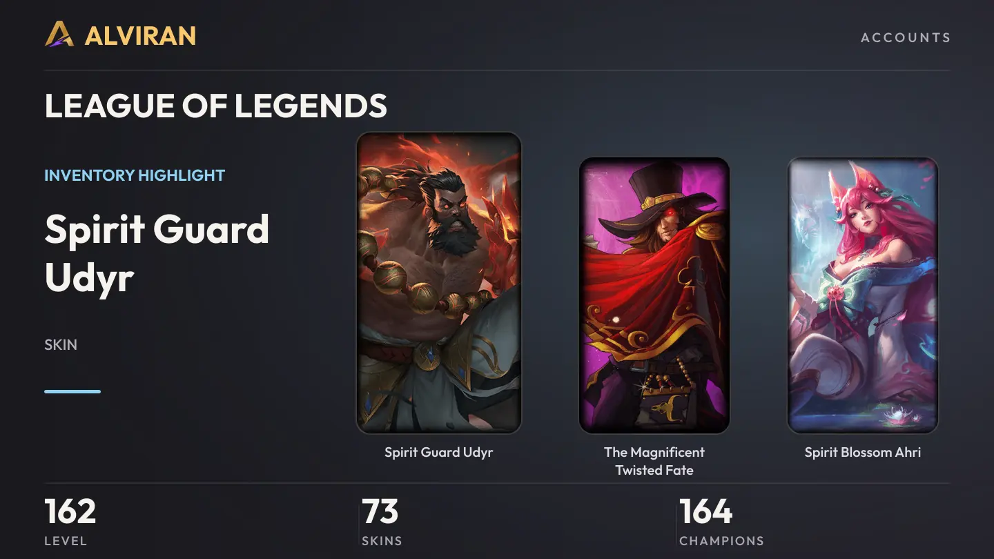 LEAGUE OF LEGENDS · Level 162 · Spirit Guard Udyr, The Magnificent Twisted Fate, Spirit Blossom Ahri