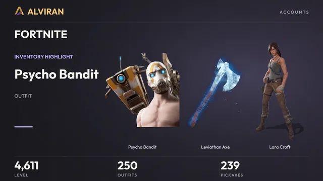 FORTNITE · Level 4611 · Psycho Bandit, Leviathan Axe, Lara Croft