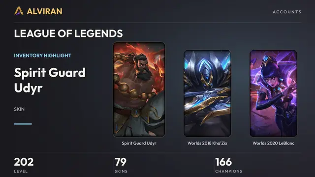 LEAGUE OF LEGENDS · Level 202 · Spirit Guard Udyr, Worlds 2018 Kha'Zix, Worlds 2020 LeBlanc