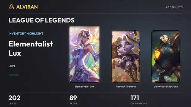 LEAGUE OF LEGENDS · Level 202 · Elementalist Lux, Hextech Tristana, Victorious Blitzcrank