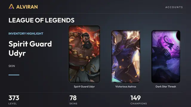 LEAGUE OF LEGENDS · Level 373 · Spirit Guard Udyr, Victorious Aatrox, Dark Star Thresh