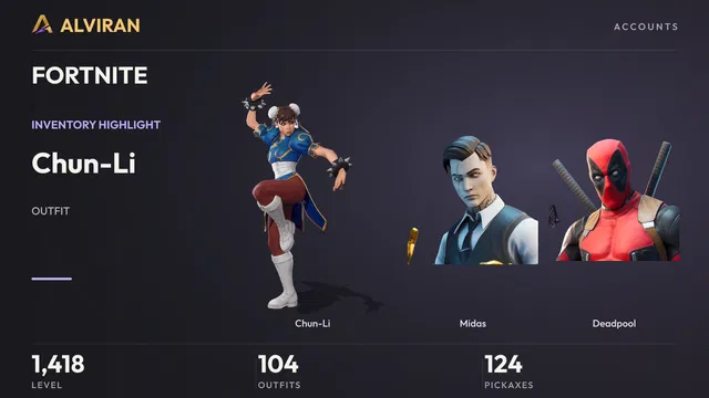 FORTNITE · Level 1418 · Chun-Li, Midas, Deadpool
