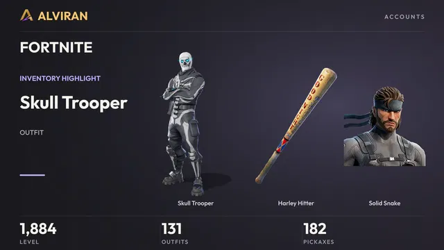 FORTNITE · Level 1884 · Skull Trooper, Harley Hitter, Solid Snake