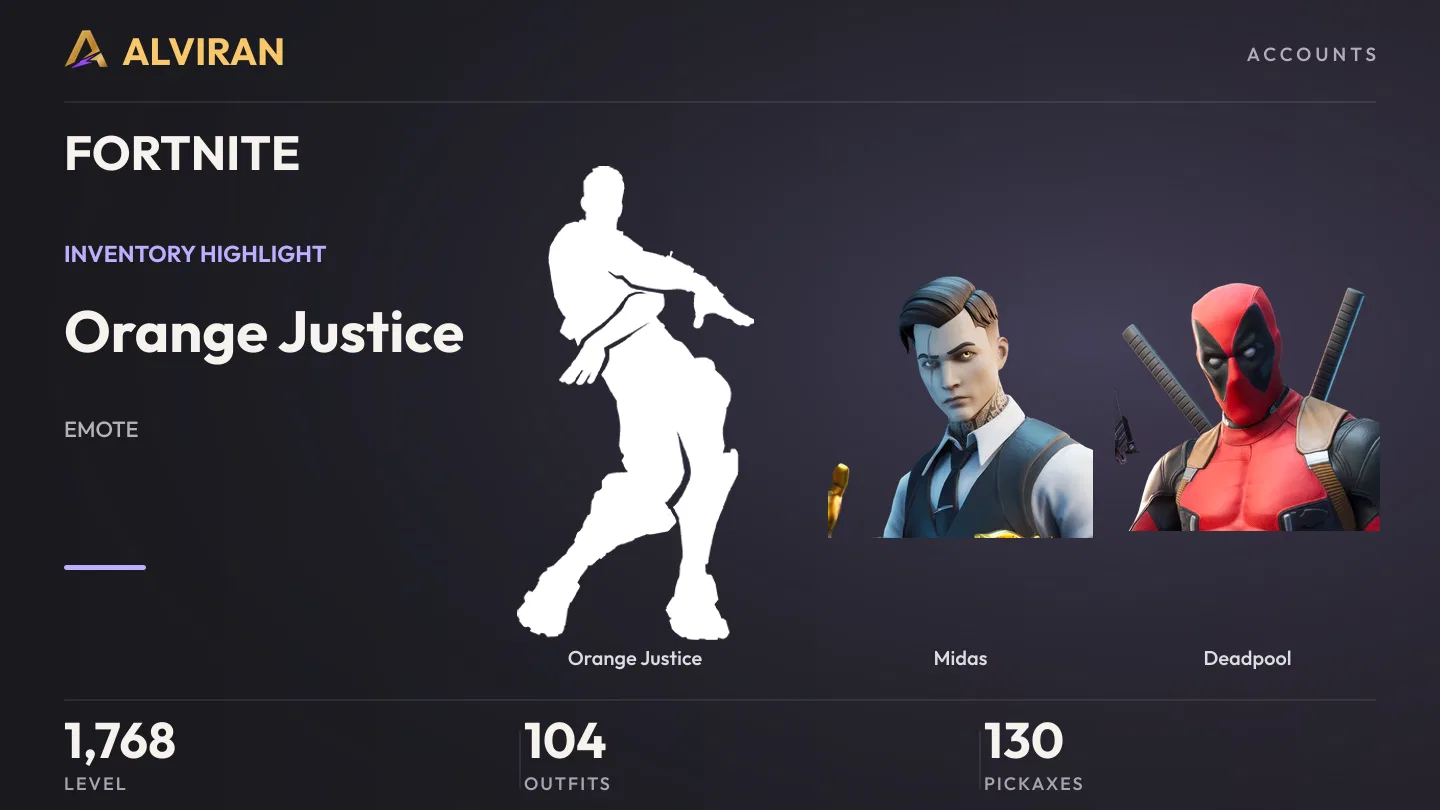 FORTNITE · Level 1768 · Orange Justice, Midas, Deadpool