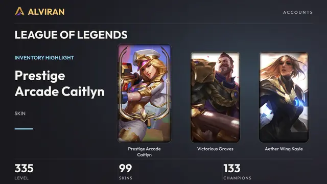 LEAGUE OF LEGENDS · Level 335 · Prestige Arcade Caitlyn, Victorious Graves, Aether Wing Kayle