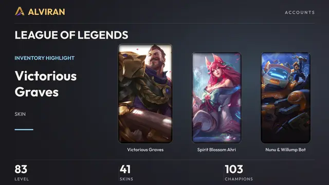 LEAGUE OF LEGENDS · Level 83 · Victorious Graves, Spirit Blossom Ahri, Nunu & Willump Bot