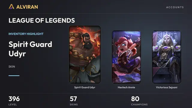 LEAGUE OF LEGENDS · Level 396 · Spirit Guard Udyr, Hextech Annie, Victorious Sejuani