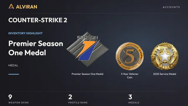COUNTER-STRIKE 2 · Level 2 · Premier Season One Medal, 5 Year Veteran Coin, 2025 Service Medal