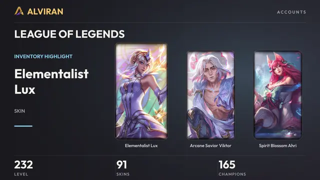 LEAGUE OF LEGENDS · Level 232 · Elementalist Lux, Arcane Savior Viktor, Spirit Blossom Ahri