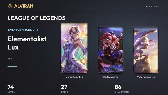 LEAGUE OF LEGENDS · Level 74 · Elementalist Lux, Hextech Annie, Victorious Anivia