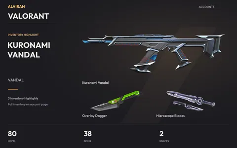VALORANT · Level 80 · Kuronami Vandal, Overlay Dagger · Melee, Hieroscape Blades · Melee