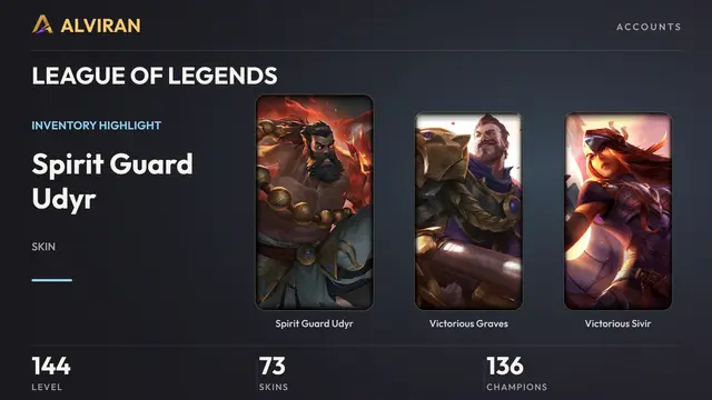 LEAGUE OF LEGENDS · Level 144 · Spirit Guard Udyr, Victorious Graves, Victorious Sivir