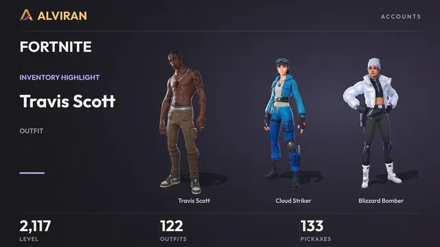 FORTNITE · Level 2117 · Travis Scott, Cloud Striker, Blizzard Bomber