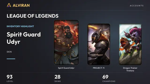 LEAGUE OF LEGENDS · Level 93 · Spirit Guard Udyr, PROJECT: Yi, Dragon Trainer Tristana