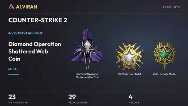 COUNTER-STRIKE 2 · Level 29 · Diamond Operation Shattered Web Coin, 2019 Service Medal, 2020 Service Medal