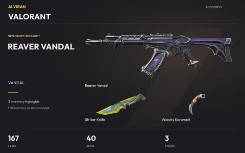VALORANT · Level 167 · Reaver Vandal, Striker Knife · Melee, Velocity Karambit · Melee