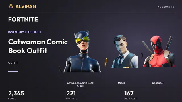 FORTNITE · Level 2345 · Catwoman Comic Book Outfit, Midas, Deadpool