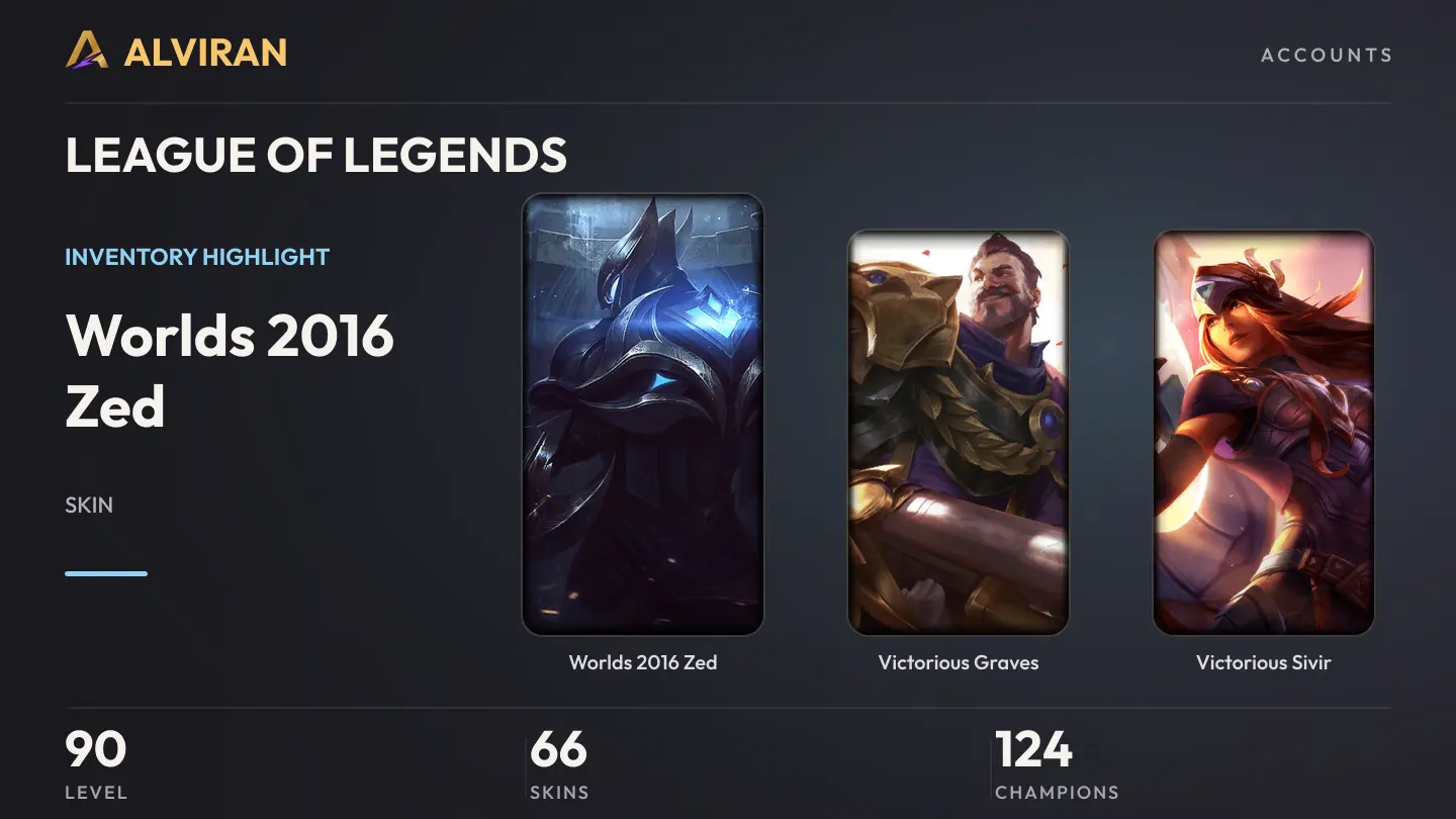 LEAGUE OF LEGENDS · Level 90 · Worlds 2016 Zed, Victorious Graves, Victorious Sivir