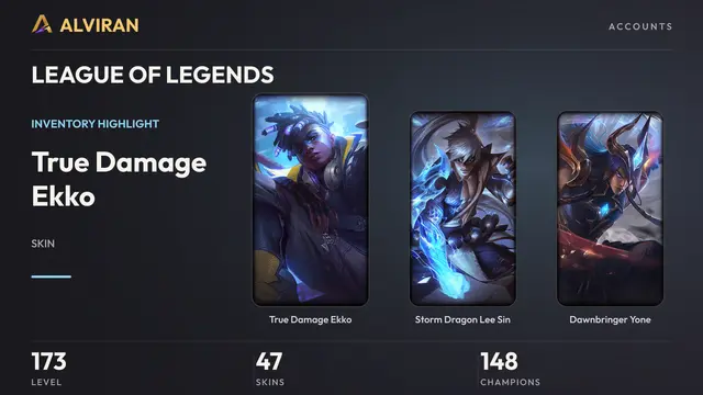 LEAGUE OF LEGENDS · Level 173 · True Damage Ekko, Storm Dragon Lee Sin, Dawnbringer Yone