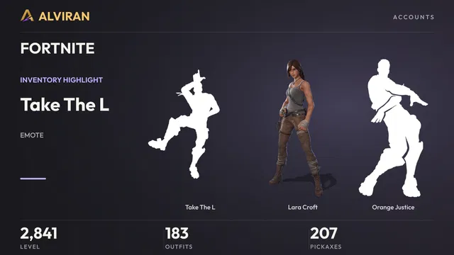FORTNITE · Level 2841 · Take The L, Lara Croft, Orange Justice