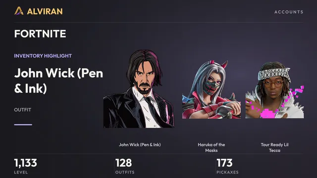 FORTNITE · Level 1133 · John Wick (Pen & Ink), Haruka of the Masks, Tour Ready Lil Tecca