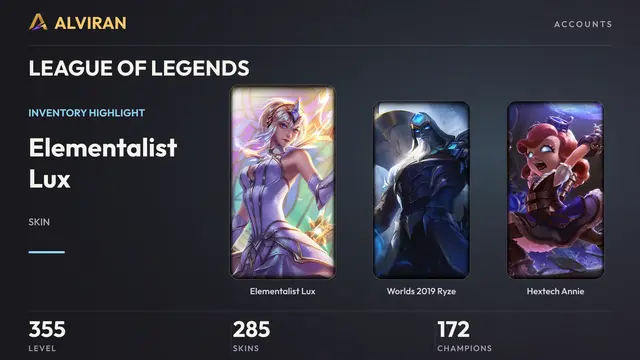 LEAGUE OF LEGENDS · Level 355 · Elementalist Lux, Worlds 2019 Ryze, Hextech Annie