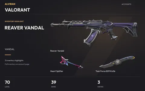 VALORANT · Level 70 · Reaver Vandal, Heart Splitter · Melee, Task Force 809 Knife · Melee