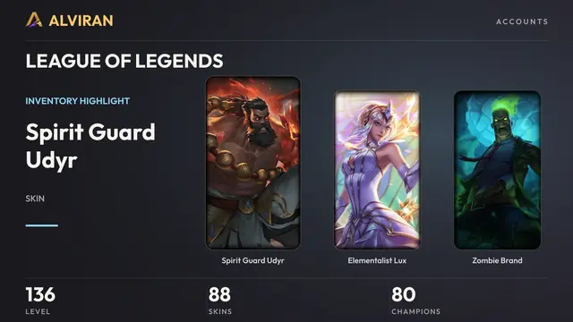 LEAGUE OF LEGENDS · Level 136 · Spirit Guard Udyr, Elementalist Lux, Zombie Brand