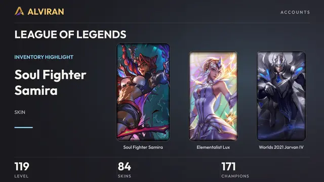 LEAGUE OF LEGENDS · Level 119 · Soul Fighter Samira, Elementalist Lux, Worlds 2021 Jarvan IV