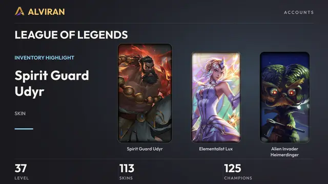 LEAGUE OF LEGENDS · Level 37 · Spirit Guard Udyr, Elementalist Lux, Alien Invader Heimerdinger