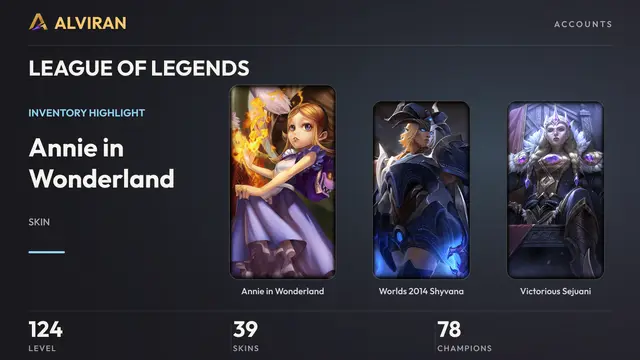 LEAGUE OF LEGENDS · Level 124 · Annie in Wonderland, Worlds 2014 Shyvana, Victorious Sejuani