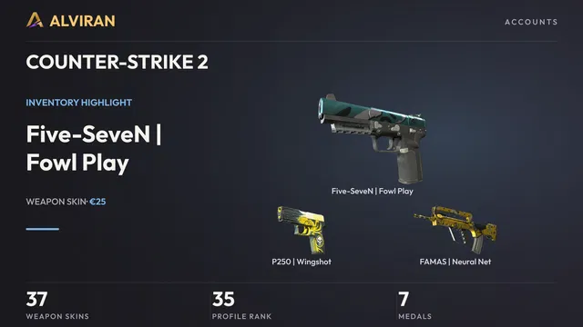 COUNTER-STRIKE 2 · Level 35 · Five-SeveN | Fowl Play · Minimal Wear, P250 | Wingshot · Factory New, FAMAS | Neural Net · Factory New