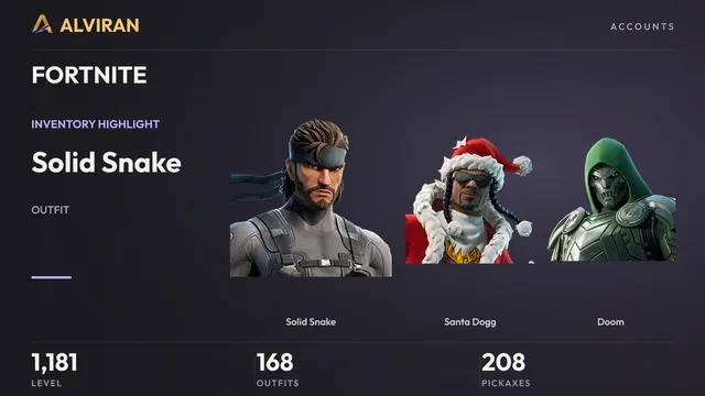 FORTNITE · Level 1181 · Solid Snake, Santa Dogg, Doom