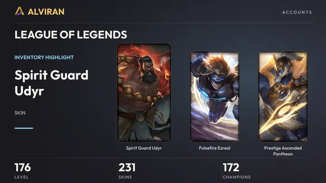LEAGUE OF LEGENDS · Level 176 · Spirit Guard Udyr, Pulsefire Ezreal, Prestige Ascended Pantheon