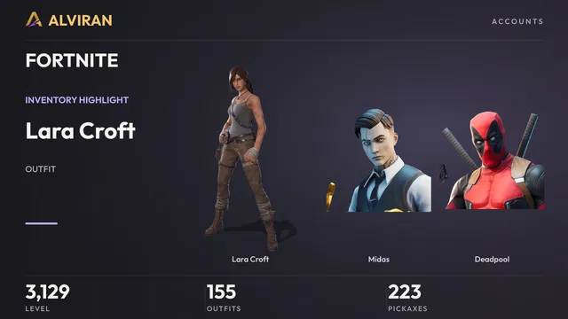 FORTNITE · Level 3129 · Lara Croft, Midas, Deadpool