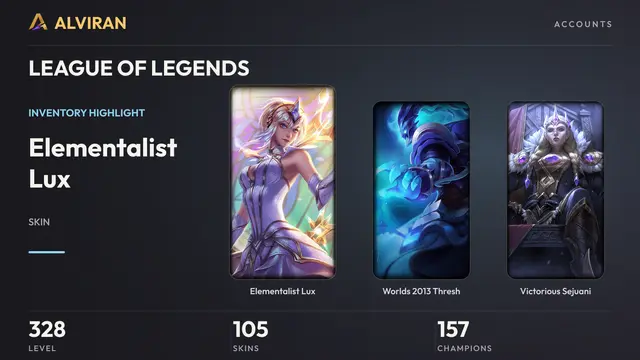 LEAGUE OF LEGENDS · Level 328 · Elementalist Lux, Worlds 2013 Thresh, Victorious Sejuani