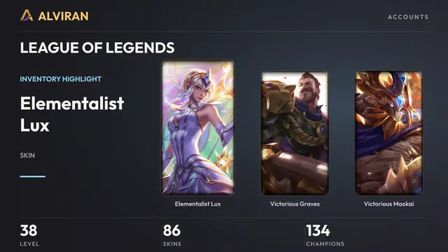 LEAGUE OF LEGENDS · Level 38 · Elementalist Lux, Victorious Graves, Victorious Maokai