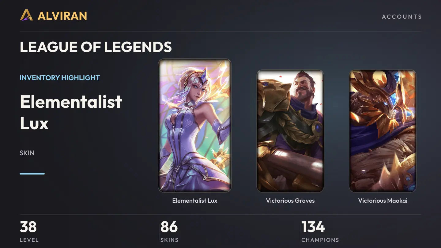 LEAGUE OF LEGENDS · Level 38 · Elementalist Lux, Victorious Graves, Victorious Maokai