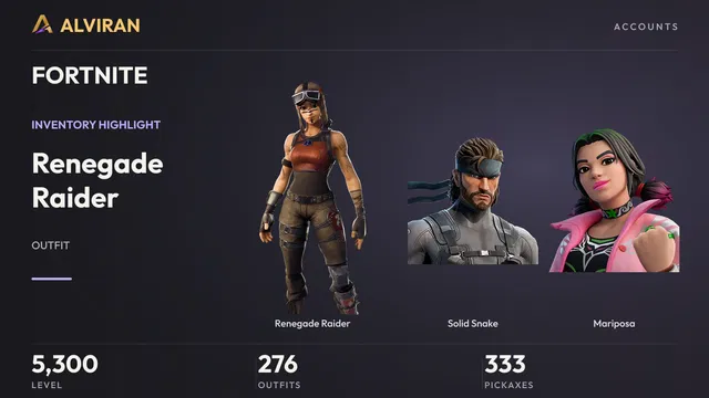 FORTNITE · Level 5300 · Renegade Raider, Solid Snake, Mariposa