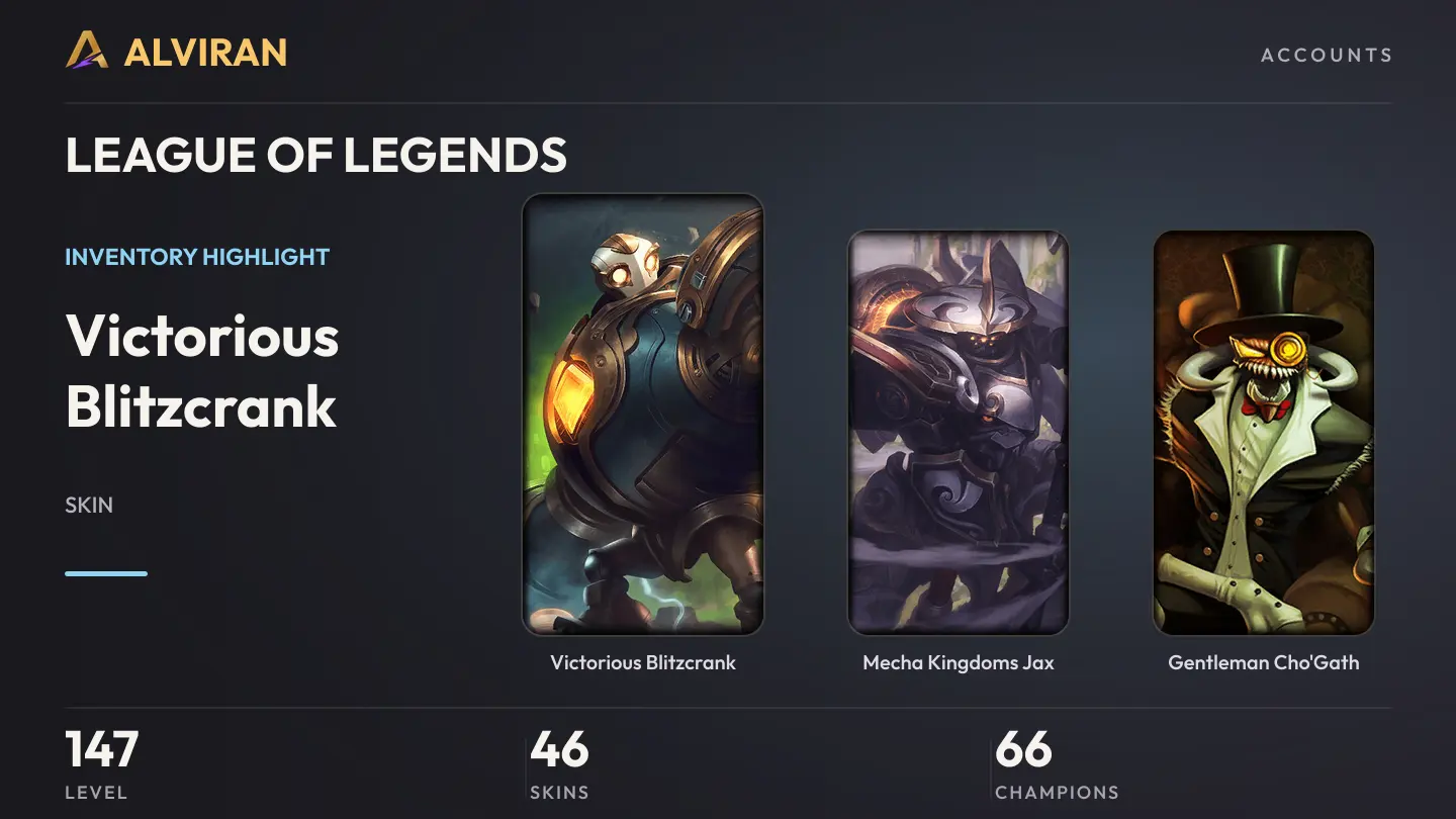 LEAGUE OF LEGENDS · Level 147 · Victorious Blitzcrank, Mecha Kingdoms Jax, Gentleman Cho'Gath