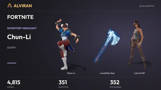 FORTNITE · Level 4815 · Chun-Li, Leviathan Axe, Lara Croft