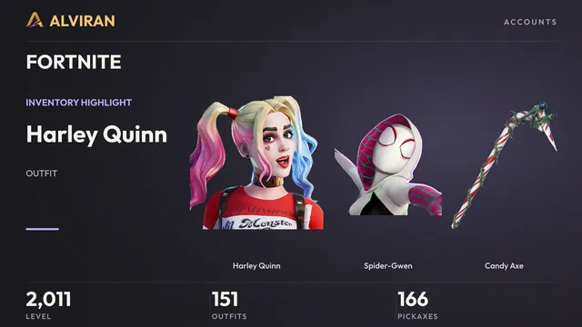 FORTNITE · Level 2011 · Harley Quinn, Spider-Gwen, Candy Axe