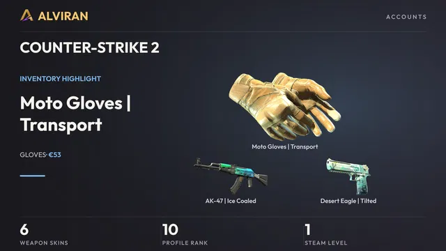 COUNTER-STRIKE 2 · Level 10 · Moto Gloves | Transport · Field-Tested, AK-47 | Ice Coaled · Field-Tested, Desert Eagle | Tilted · Factory New