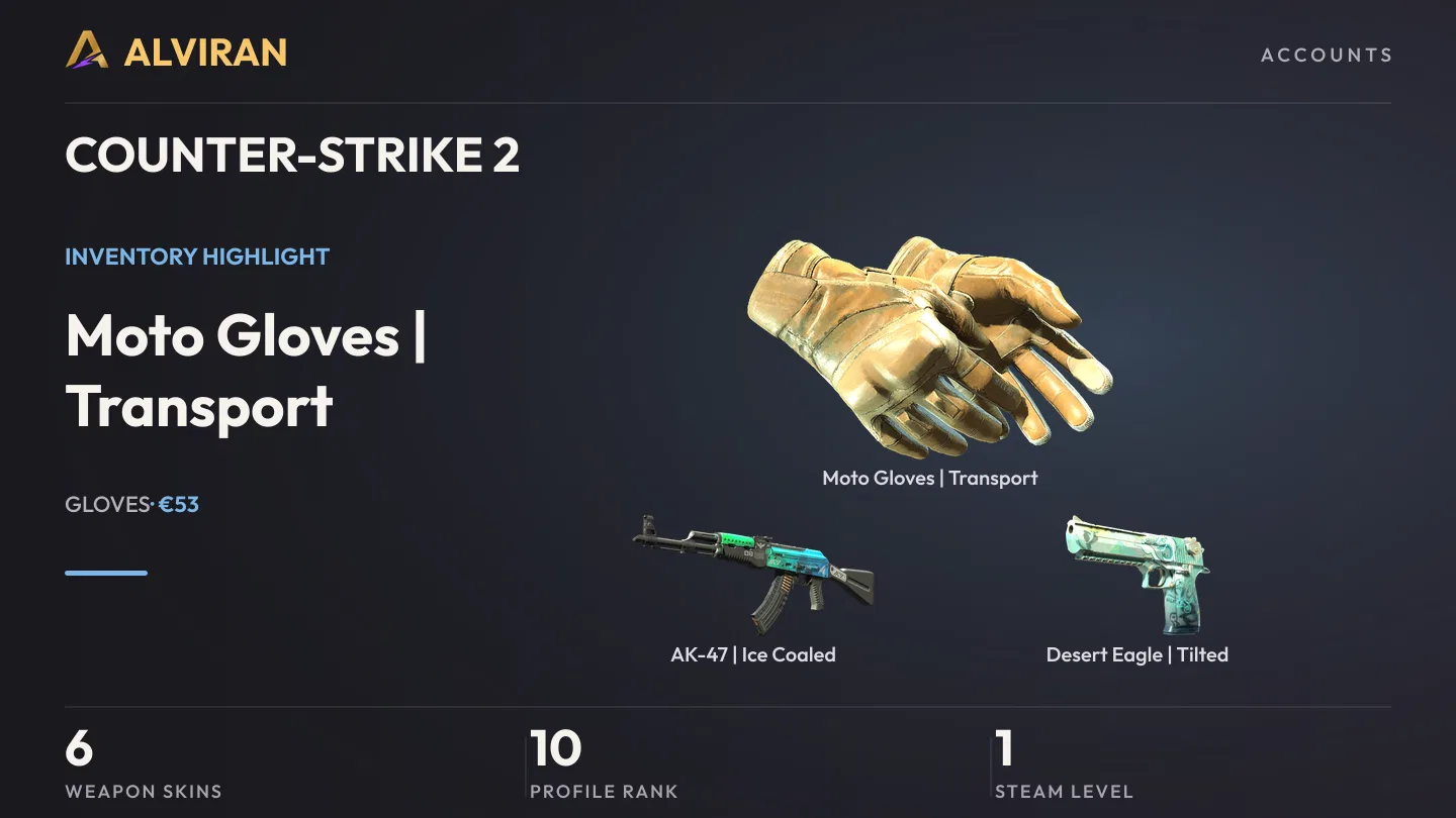 COUNTER-STRIKE 2 · Level 10 · Moto Gloves | Transport · Field-Tested, AK-47 | Ice Coaled · Field-Tested, Desert Eagle | Tilted · Factory New