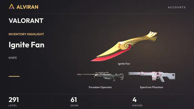 VALORANT · Level 291 · Ignite Fan · Melee, Forsaken Operator, Spectrum Phantom