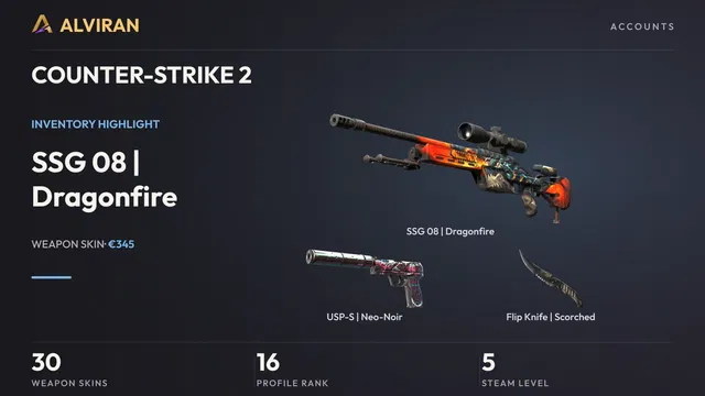 COUNTER-STRIKE 2 · Level 16 · SSG 08 | Dragonfire · Minimal Wear, USP-S | Neo-Noir · Factory New, Flip Knife | Scorched · Field-Tested