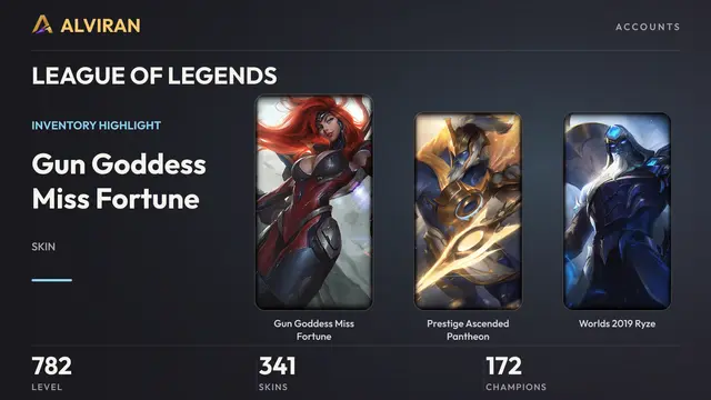 LEAGUE OF LEGENDS · Level 782 · Gun Goddess Miss Fortune, Prestige Ascended Pantheon, Worlds 2019 Ryze