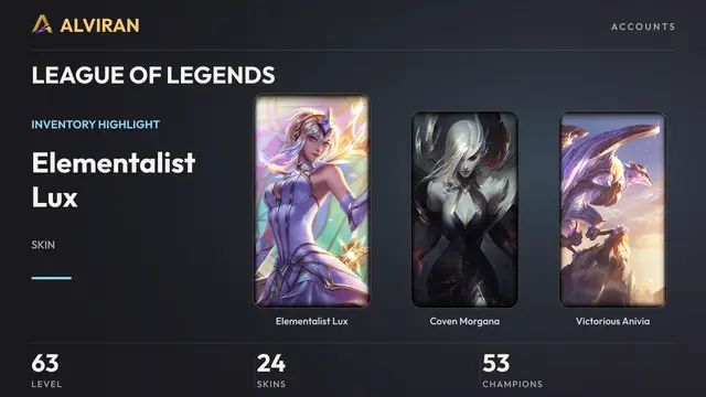 LEAGUE OF LEGENDS · Level 63 · Elementalist Lux, Coven Morgana, Victorious Anivia