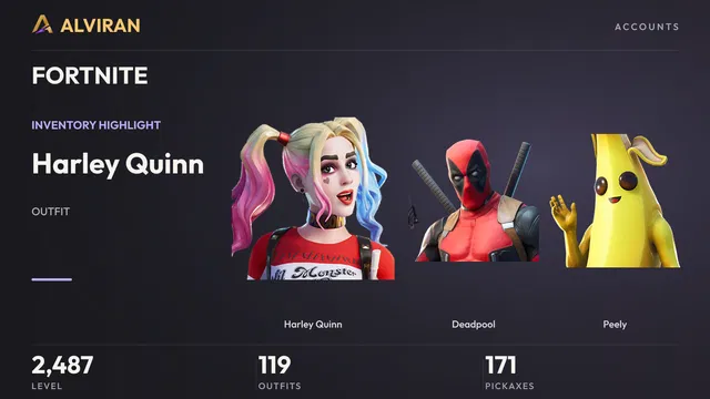 FORTNITE · Level 2487 · Harley Quinn, Deadpool, Peely