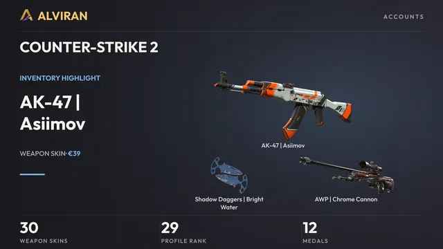 COUNTER-STRIKE 2 · Level 29 · AK-47 | Asiimov · Field-Tested, Shadow Daggers | Bright Water · Field-Tested, AWP | Chrome Cannon · Field-Tested